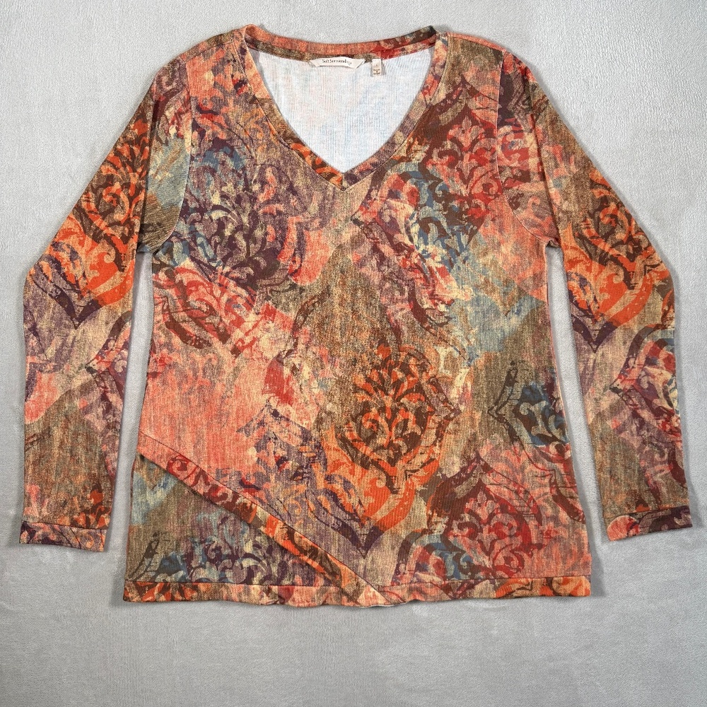 Soft Surroundings Top Womens Large Orange Artesia Long Sleeve V Neck Tunic